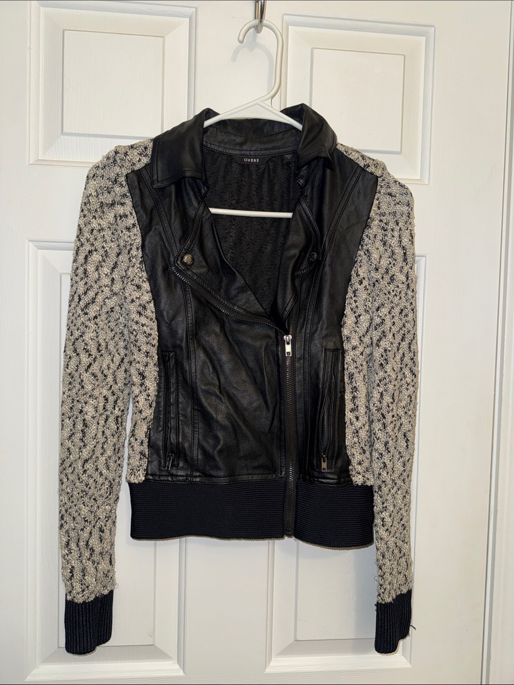 Guess Black Faux Leather Jacket with Cream Knit Sleeves